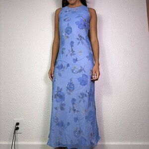 Y2k BLUE FLORAL SHEER LAYERED MAXI DRESS